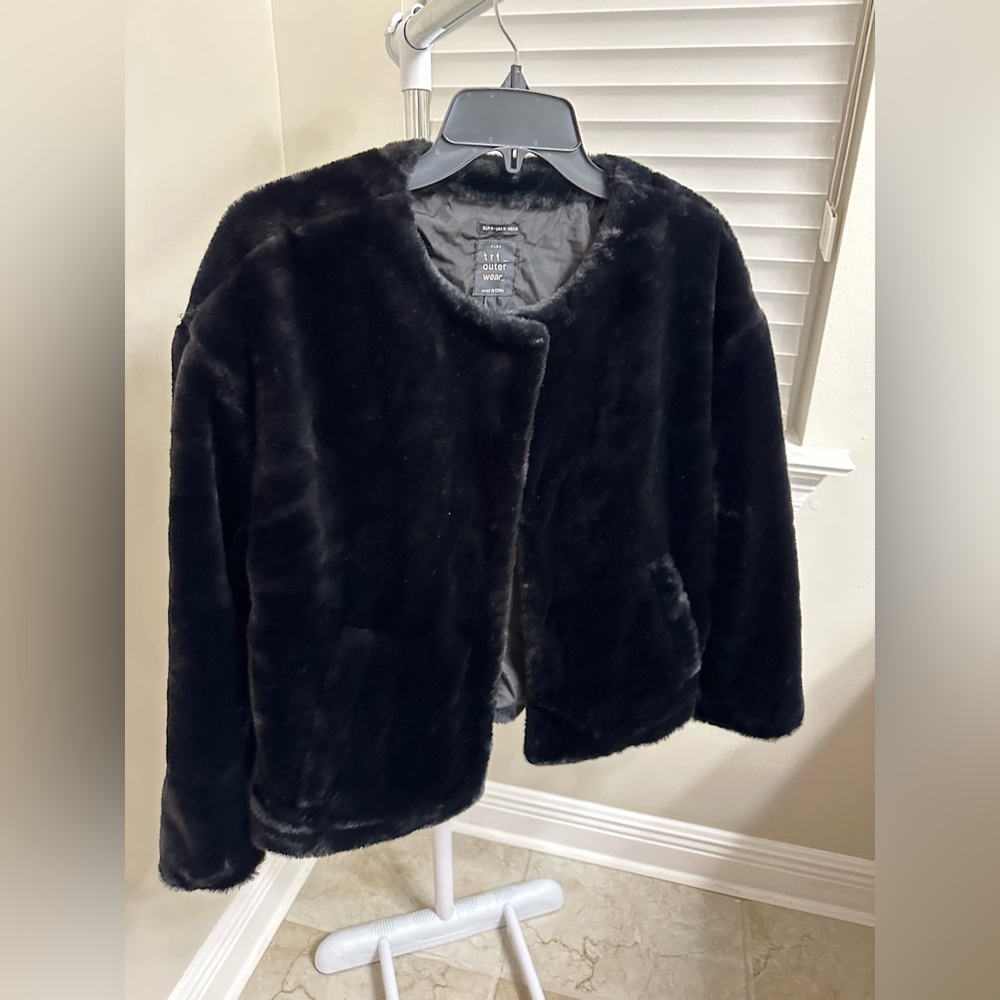 Zara Black Faux Fur Jacket, Size 28